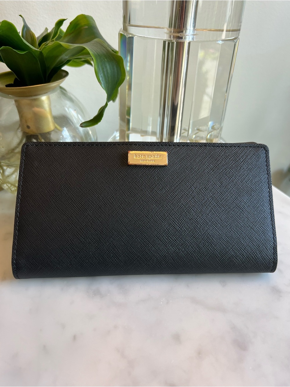 kate spade Black Saffiano Leather Wallet with Gold Plaque
